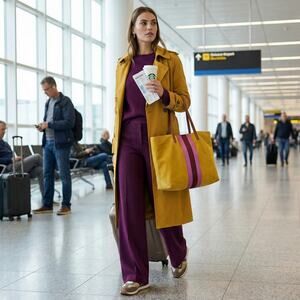 Yellow Vegan Leather Tote Bag with Pink & Rust Stripe + Zip Pouch | New